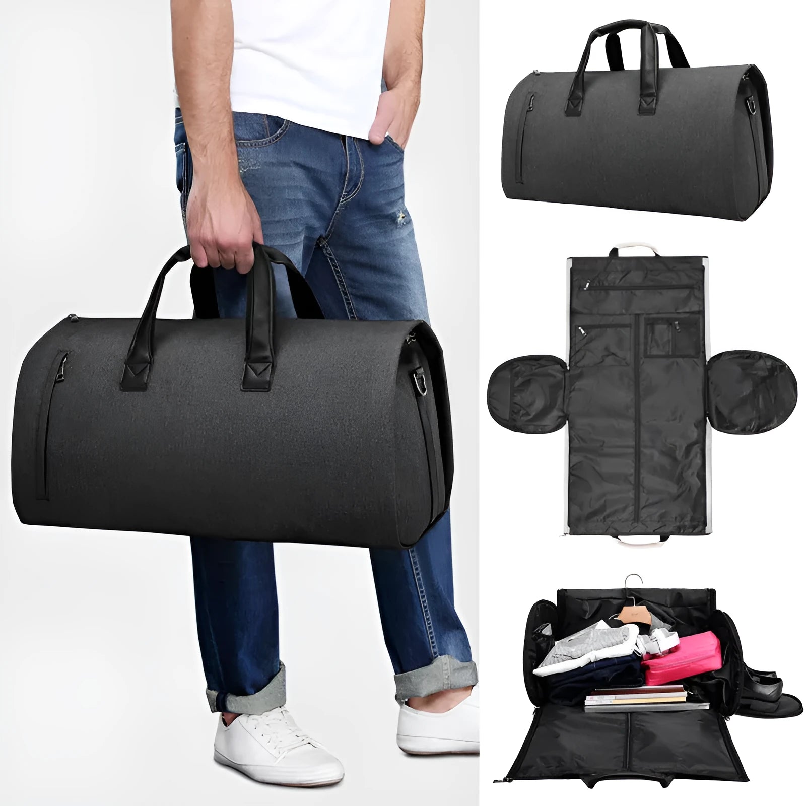 Medium oval travel bag in light grey with multiple internal compartments shown open, including a camera insert bag.
