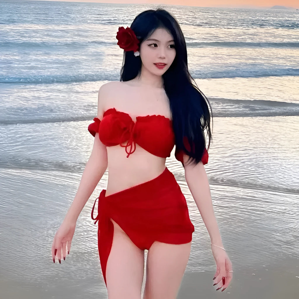 Women's red bikini swimsuit with puff sleeve skirt and briefs in solid colour