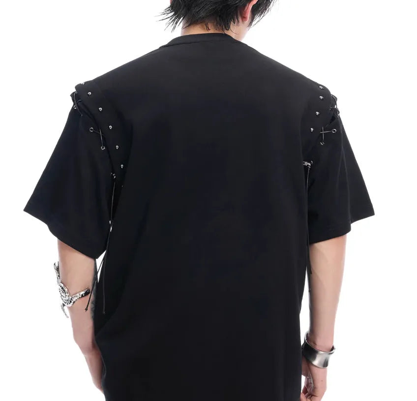 Women's black short sleeve T-shirt with lace-up cutout deconstruction style detail