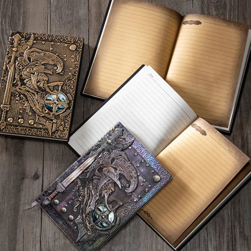 Leather A5 notebook with embossed 3D warriors relief design, open to show inner pages.
