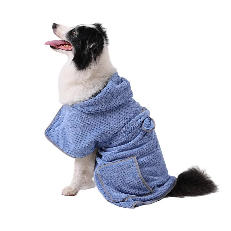 Blue microfiber dog bath robe towel with adjustable waistband wrapped around a dog