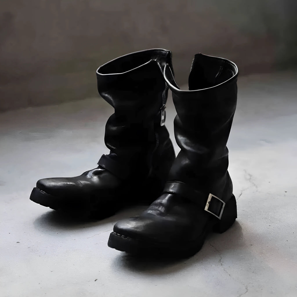 Men's dark retro ankle boots with a side zipper, shown in black.