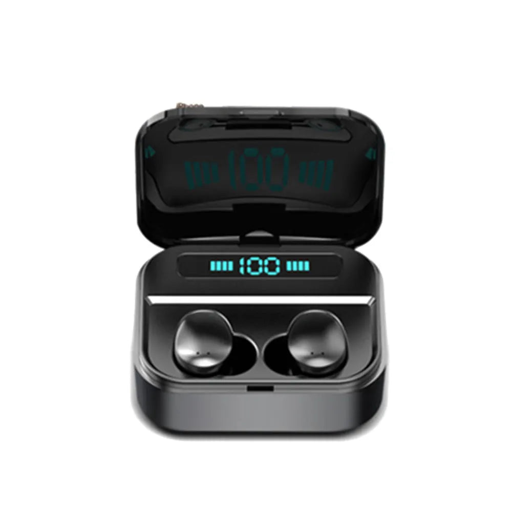 Black and white X7LED sports in-ear Bluetooth headphones with a USB charging case displayed open.