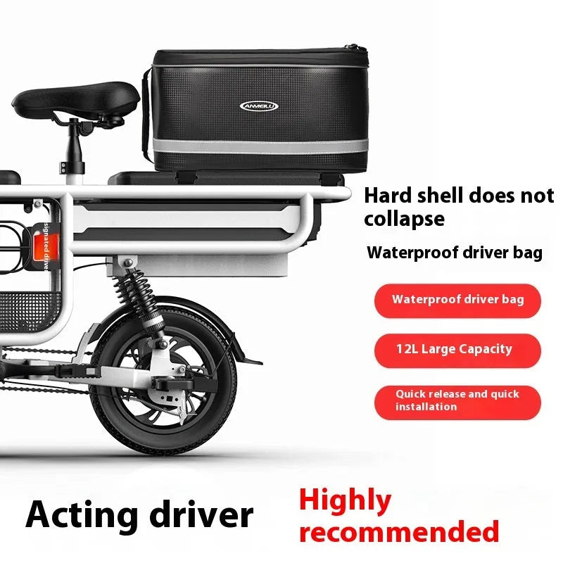 Black waterproof bicycle rack bag with 12L capacity for vehicle mountain equipment transport