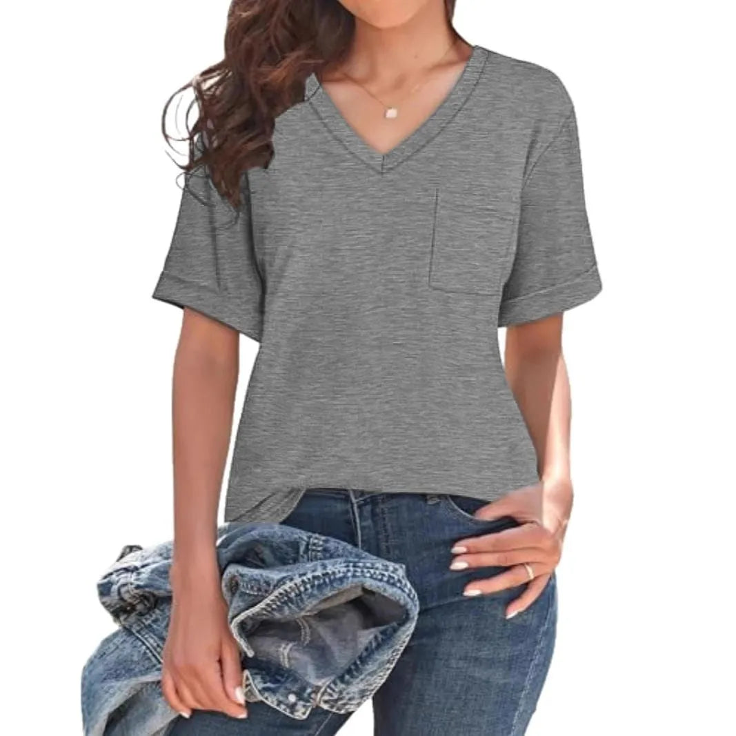 Grey loose fit V-neck short sleeve T-shirt with a front chest pocket.