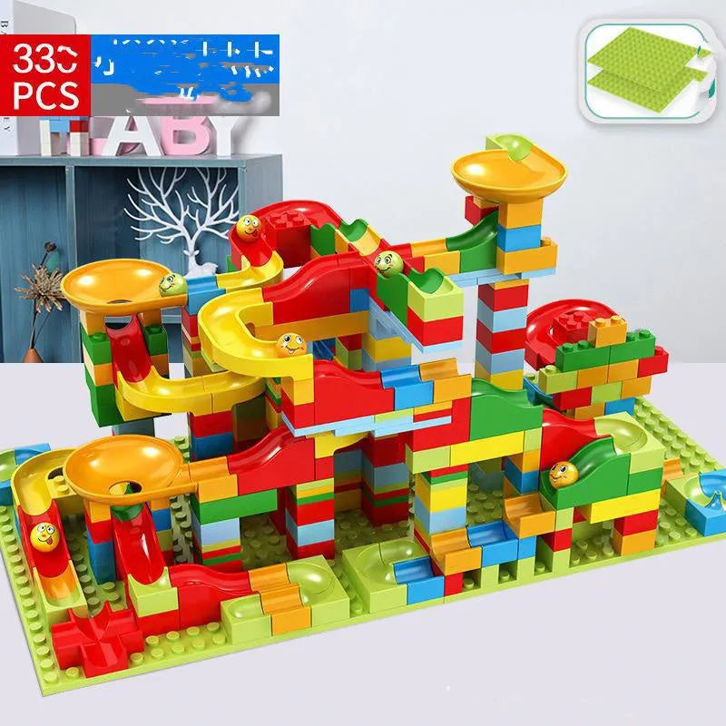 168-336 piece plastic building block set with race run track and funnel slide in colour box packaging
