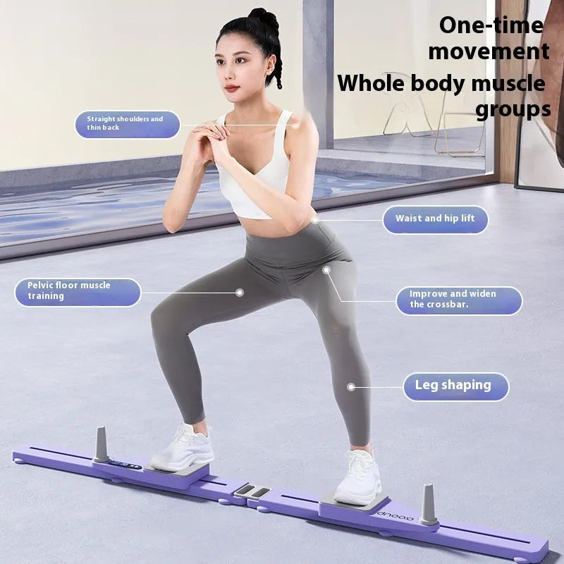 A purple split multifunctional skiing machine trainer (supine board) on a floor, showing its 85cm length.