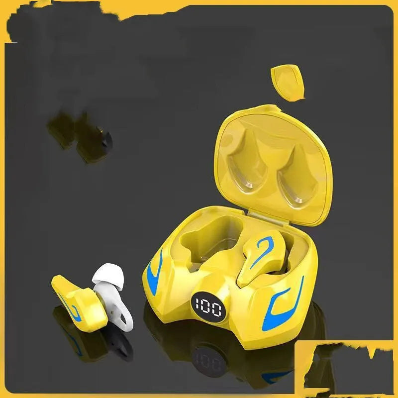 Wireless in-ear Bluetooth gaming headphones in black, dark grey, and yellow colours.