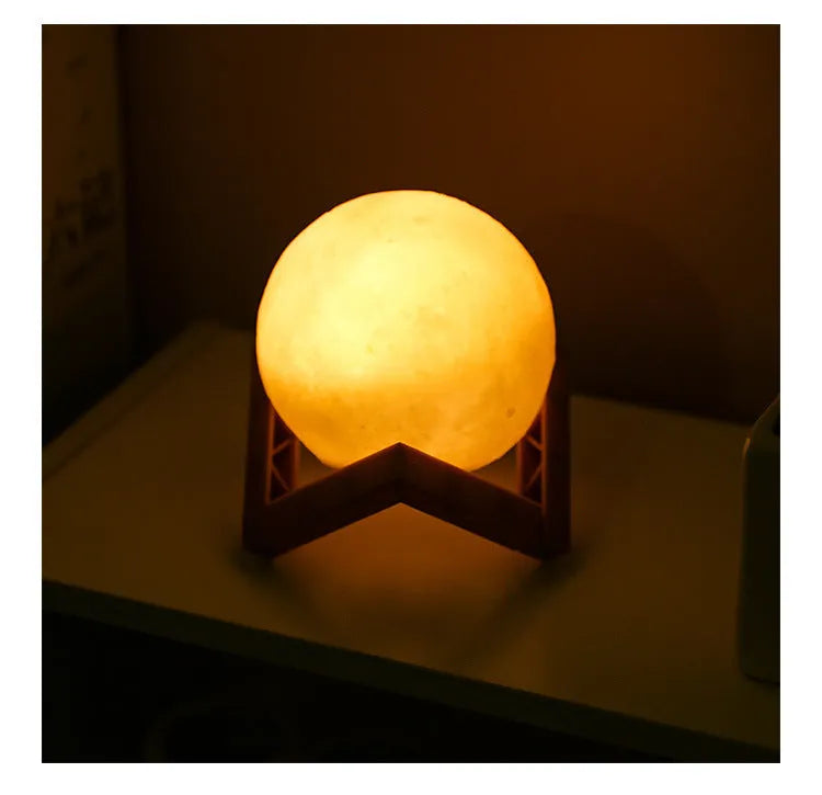 3D print rechargeable moon lamp LED night light with touch switch, warm white glow, 12cm size on stand