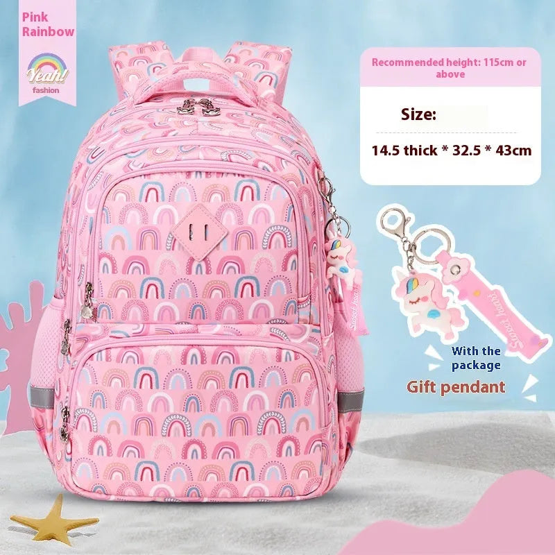 Children's Oxford cloth school backpack in a dinosaur pattern, showing curved straps and spine protection design.