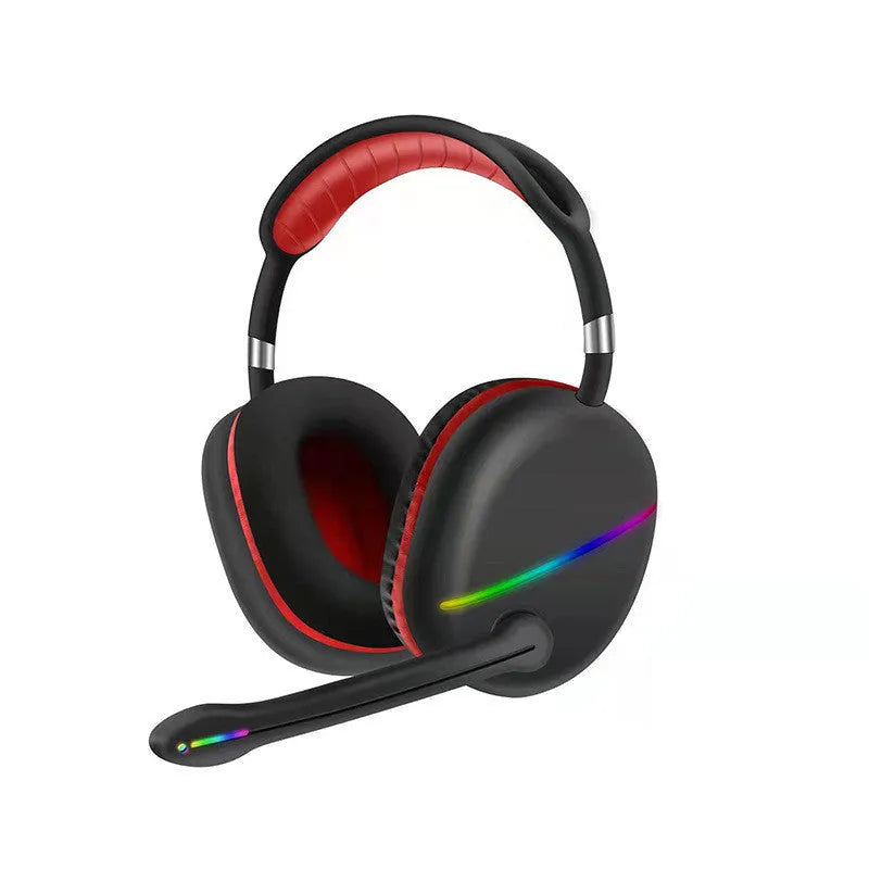 Blue wireless Bluetooth headset with glowing RGB lights on the earcups, showing over-ear design.