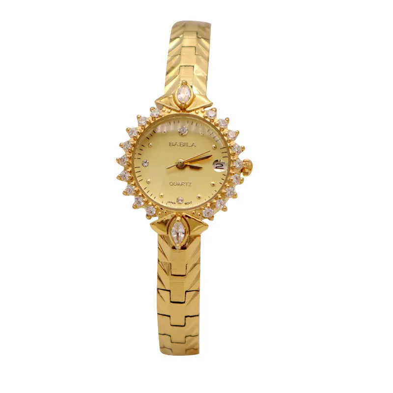 Gold quartz bracelet watch for women with 6mm thickness and embossed vintage detailing
