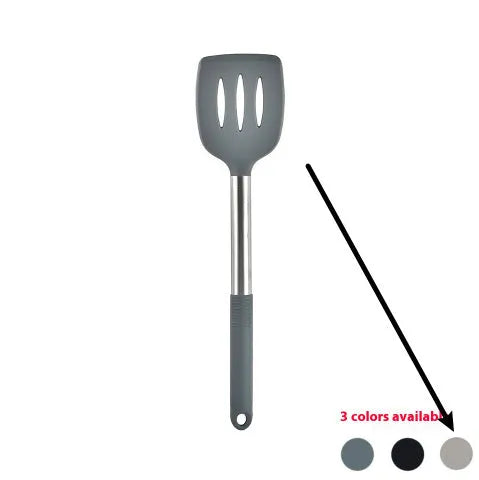 12-piece silicone kitchen utensil set in rotating storage bucket, showing spatula, ladle, and other tools.