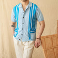 Royal blue striped cotton cardigan polo shirt with lapel collar and short sleeves laid flat