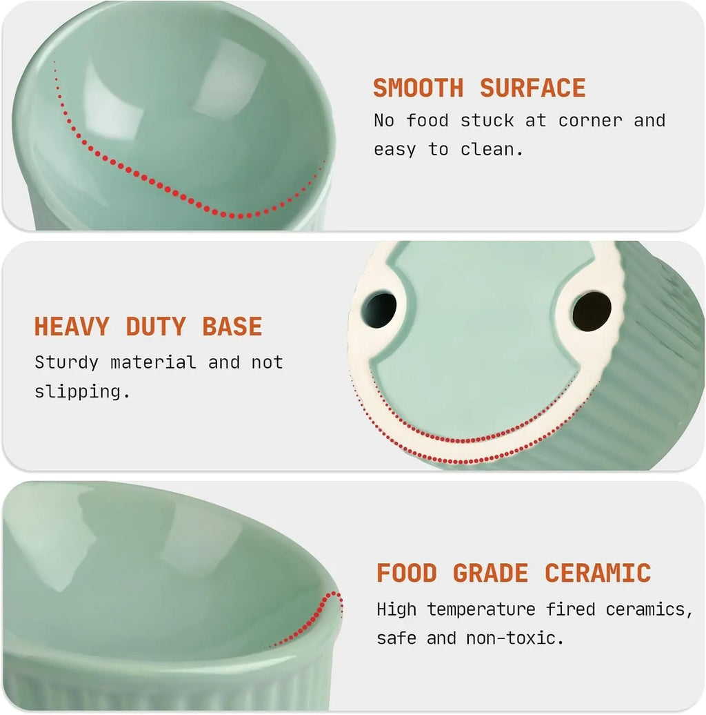 Elevated ceramic cat bowl in dark green colour showing tilted round design