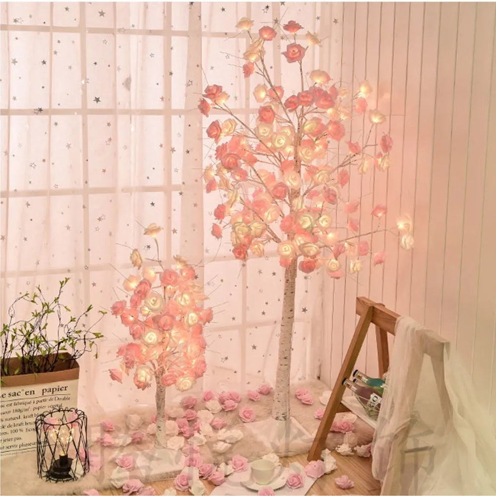 60cm Christmas Rose Shining Tree Lamp with pink and white rose flowers, USB battery dual-use