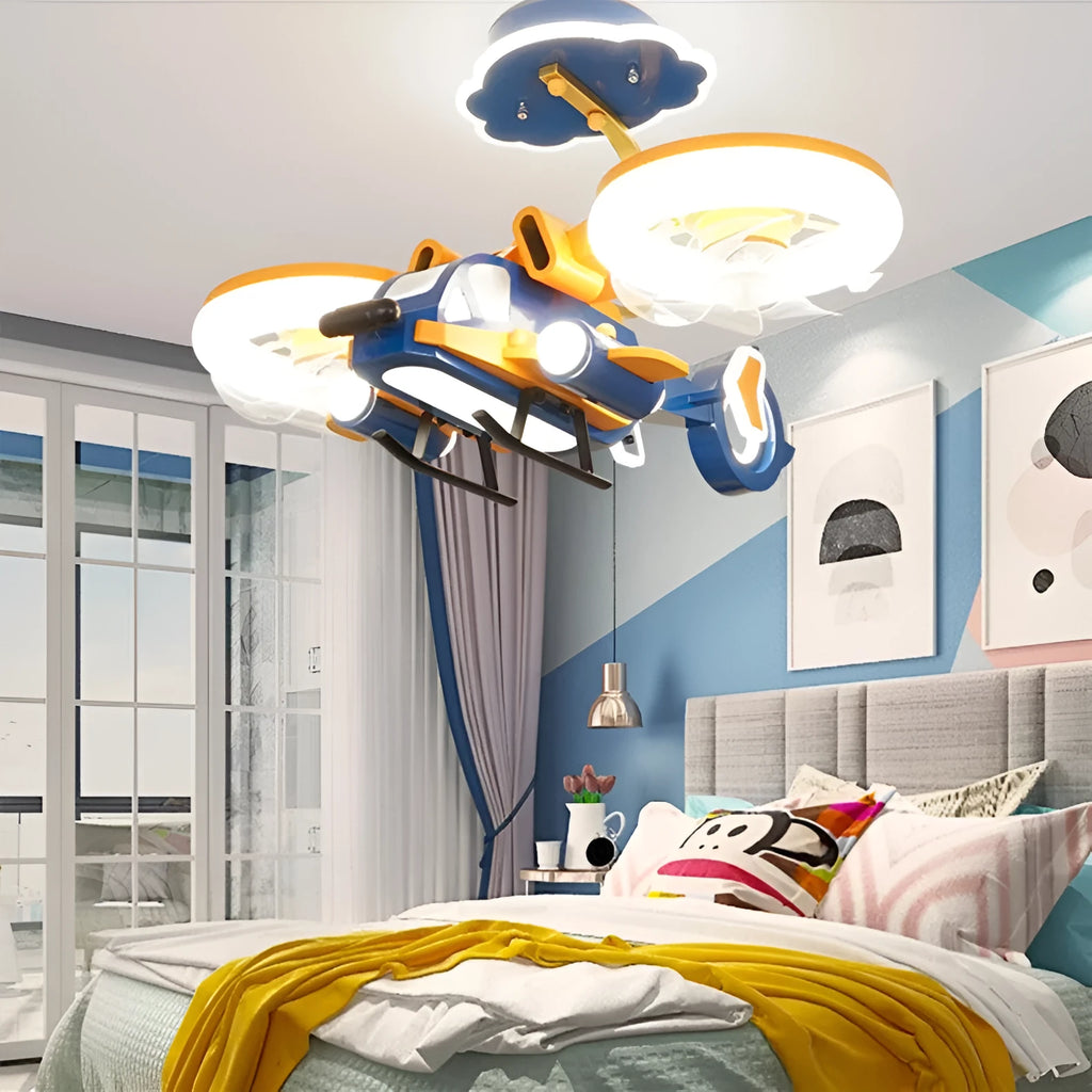 Yellow and blue ceiling fan light with acrylic lampshade and metal blades, remote control on side