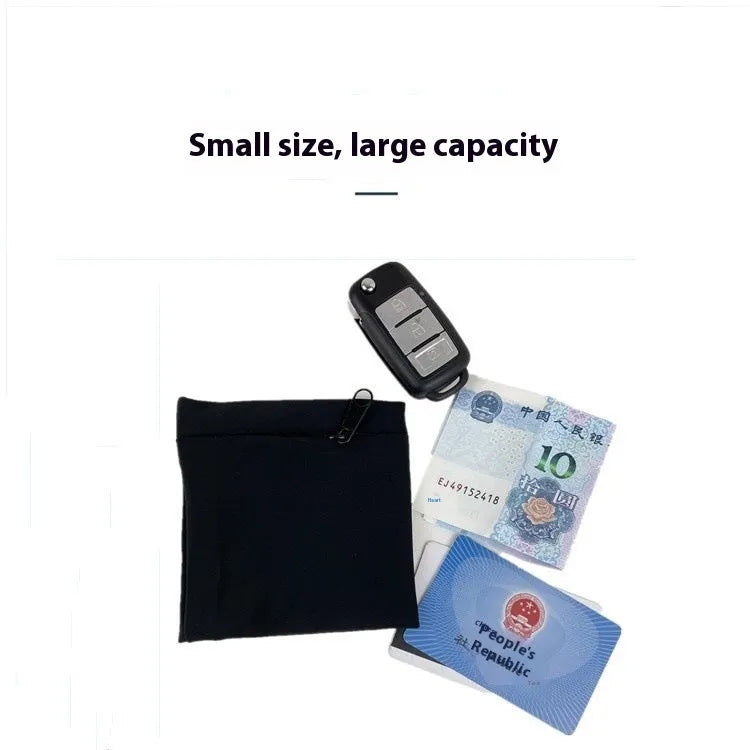 Adjustable wrist armband with a phone compartment, shown for camping and fitness use.