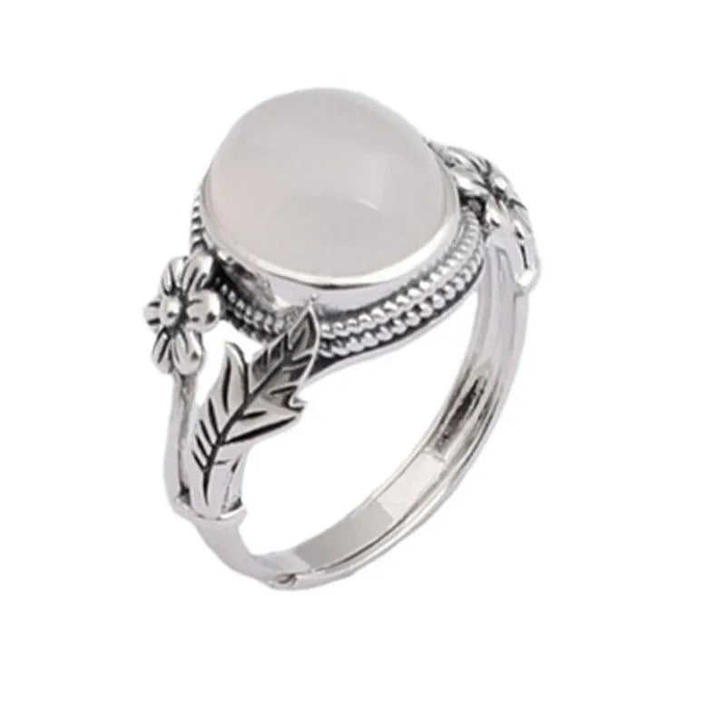Copper vintage ring with white chalcedony imitation stone and adjustable opening mechanism
