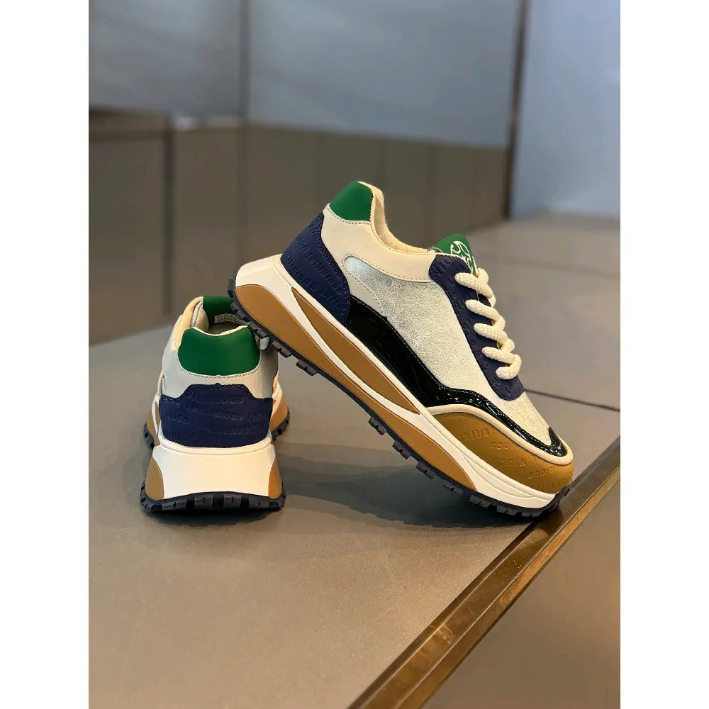 Men's chunky sole retro dad shoes in black, blue, beige red, and yellow with round toe and lace-up front.