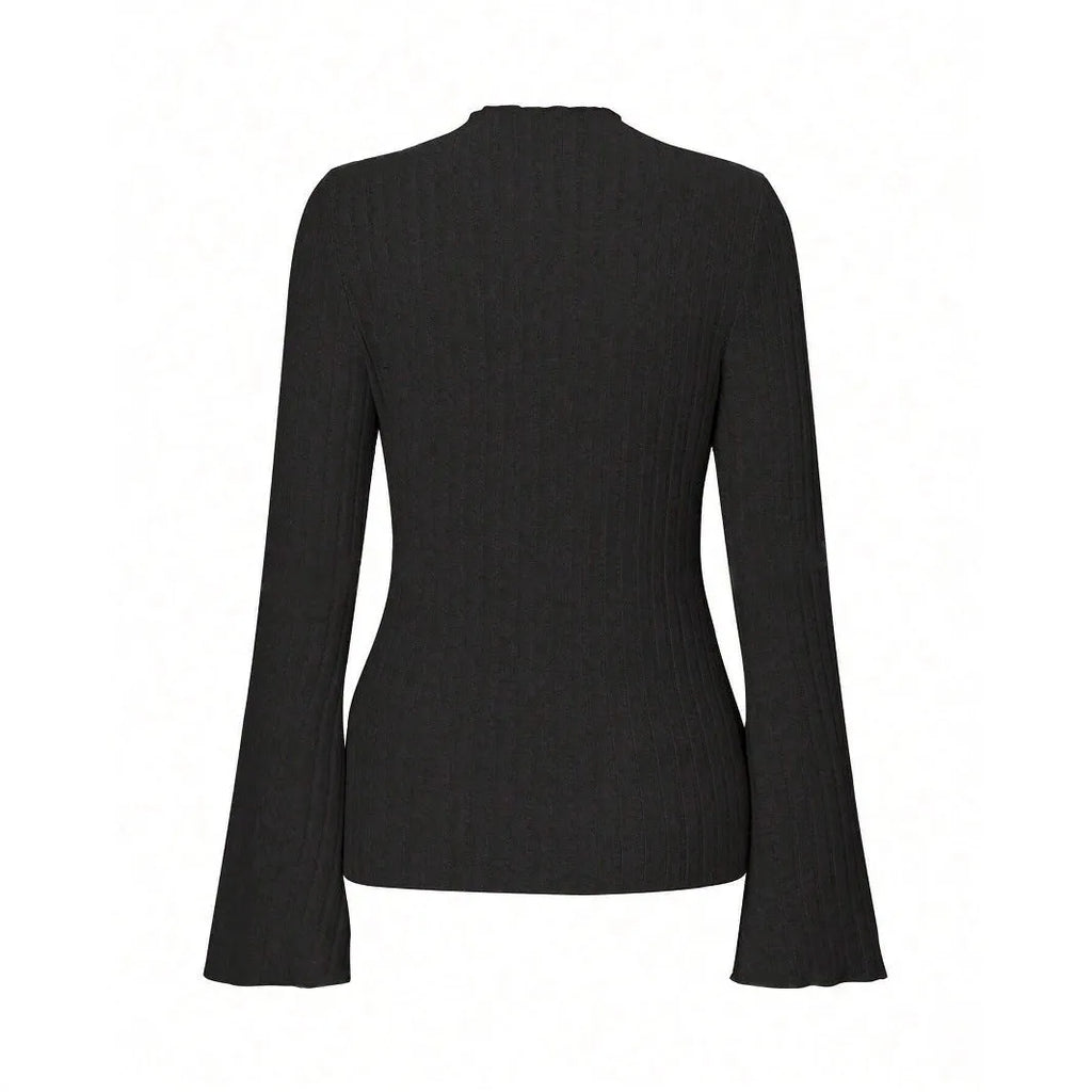 A man's black long sleeve top with a round neck and relaxed lantern sleeves in a slim fit.