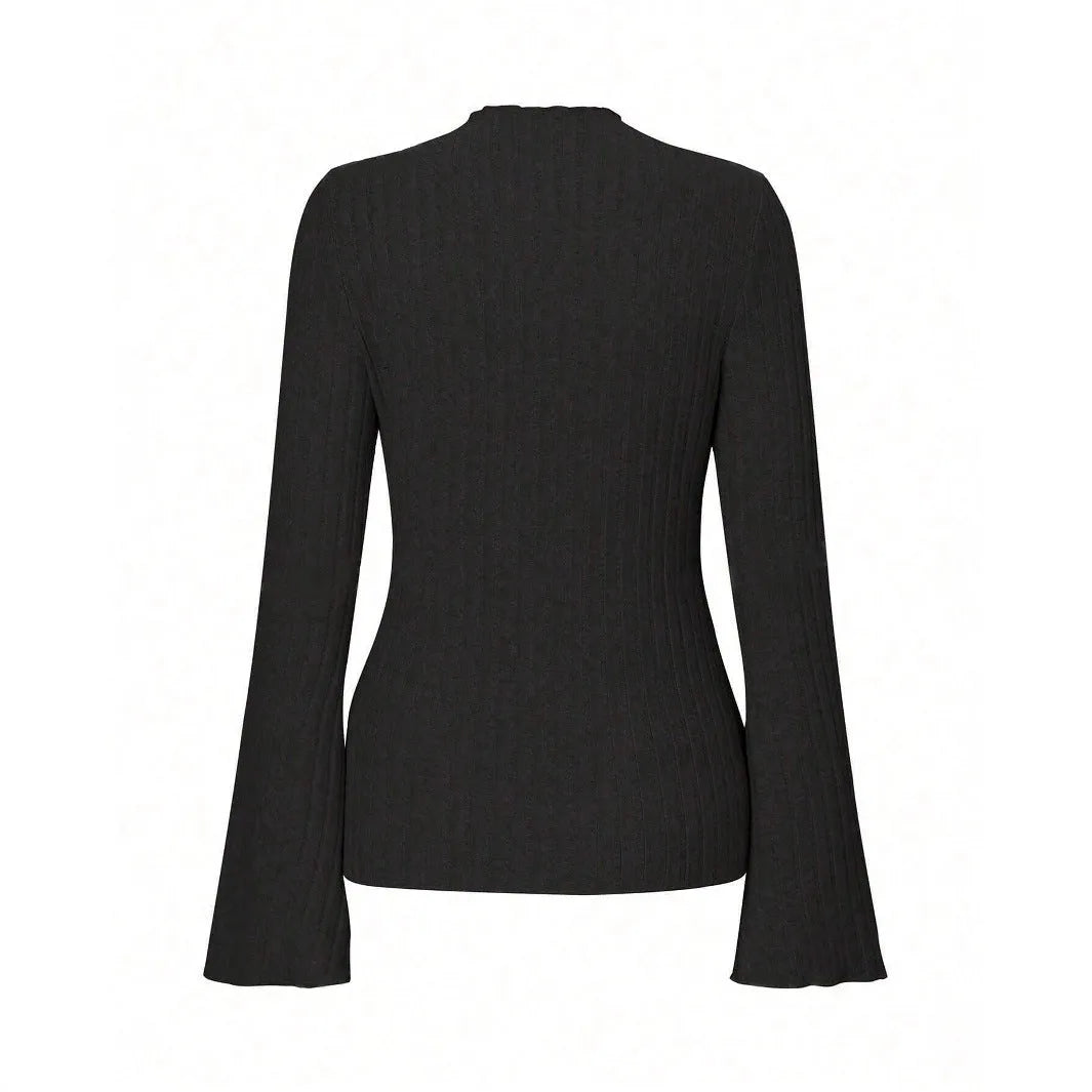A man's black long sleeve top with a round neck and relaxed lantern sleeves in a slim fit.