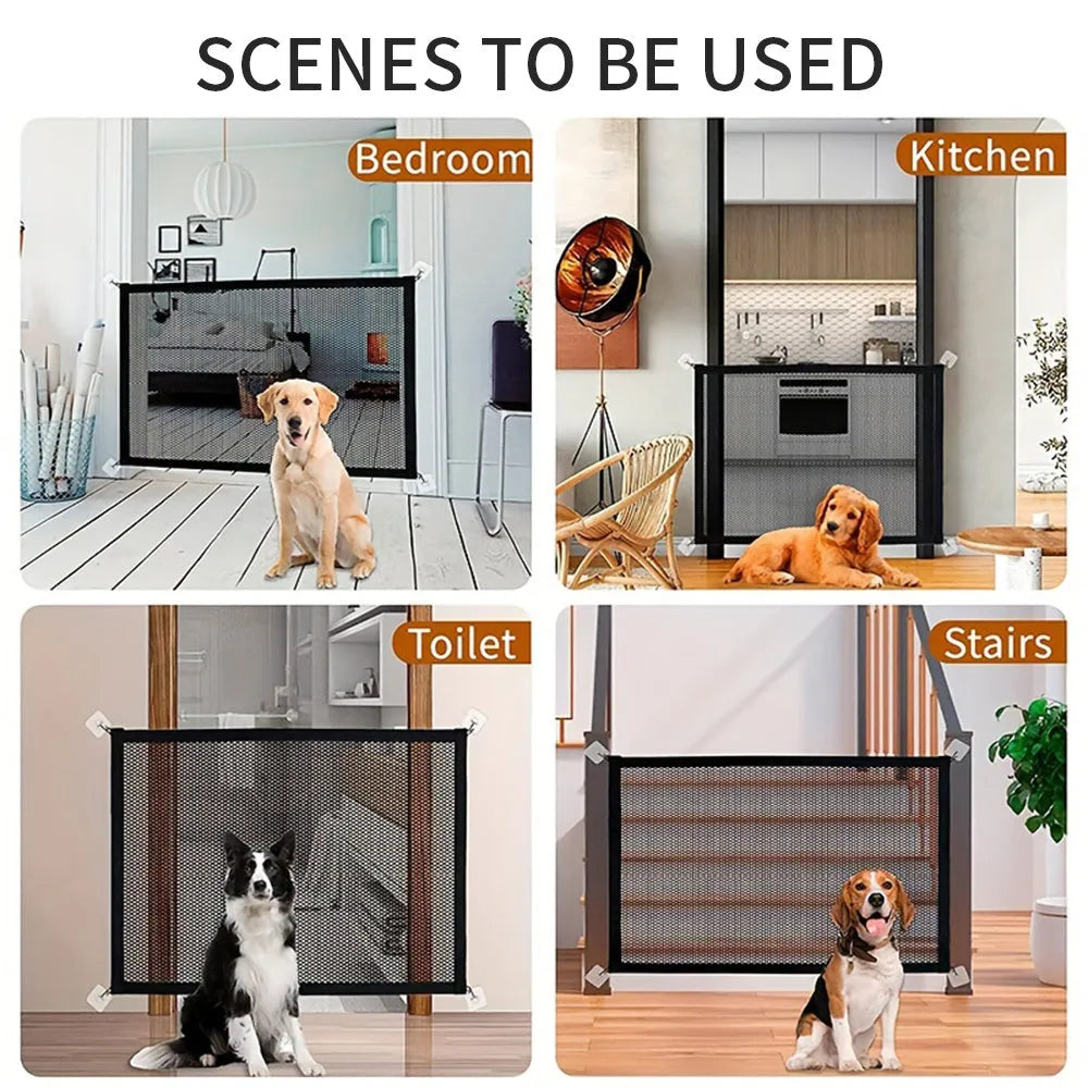 Foldable pet dog gate made of fibreglass mesh with hooks for no-drill installation in a doorway