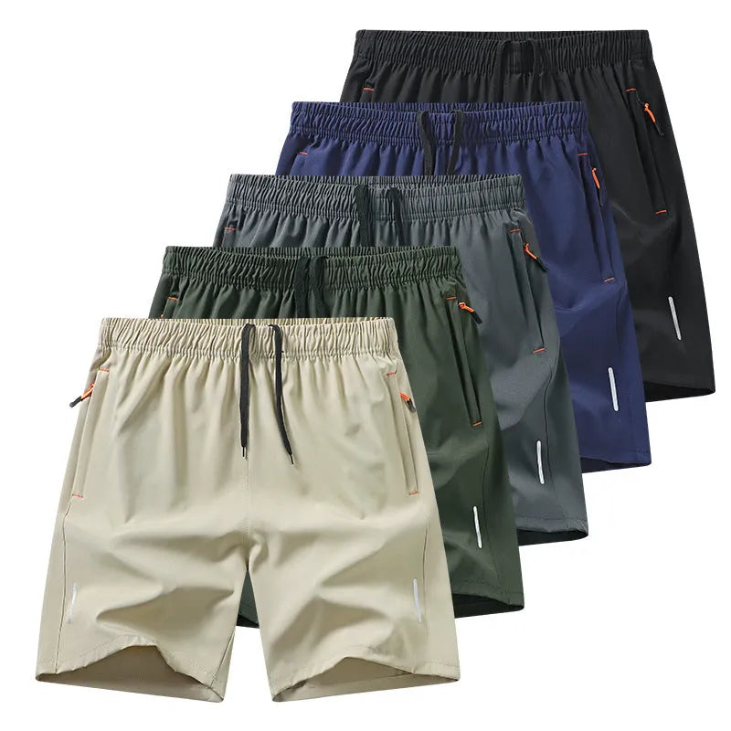 European size men's athletic shorts in polyester, summer thin, straight-leg, available in black, gray, blue, Army Green, and khaki.
