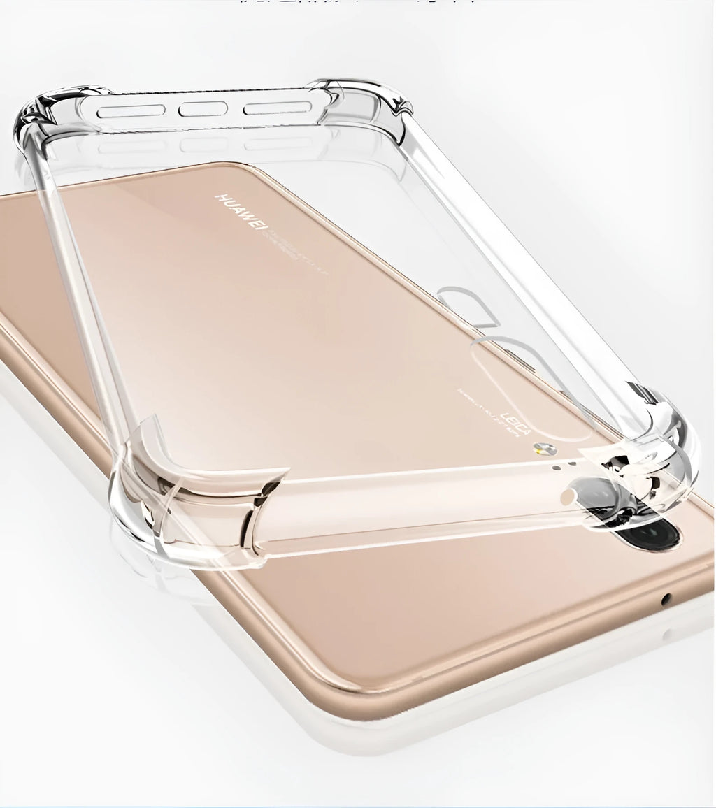 Clear transparent phone case for Huawei and Honor smartphones showing airbag protection design