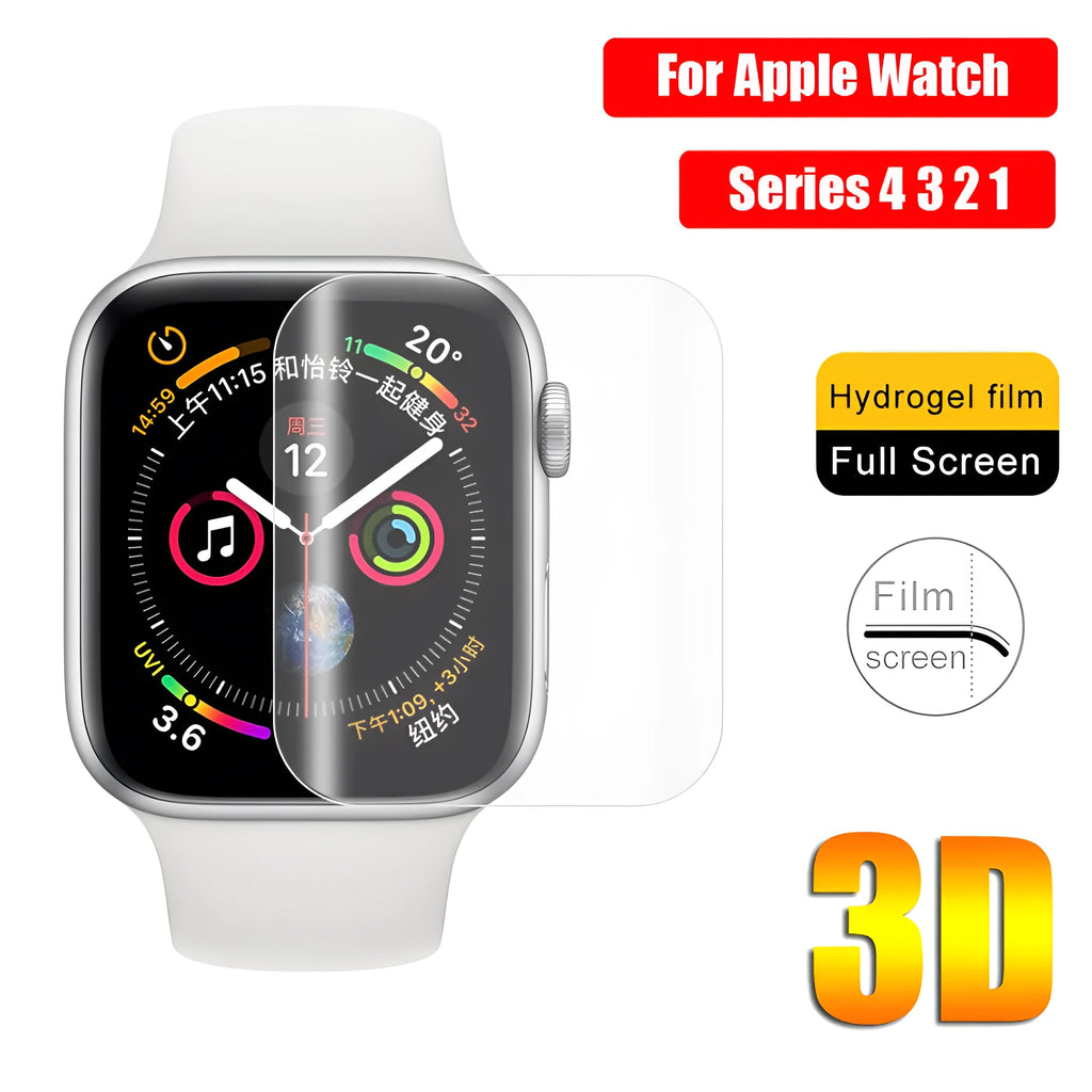 Full coverage hydrogel screen protector for Apple Watch Series 4, 3 and 1 on a watch.