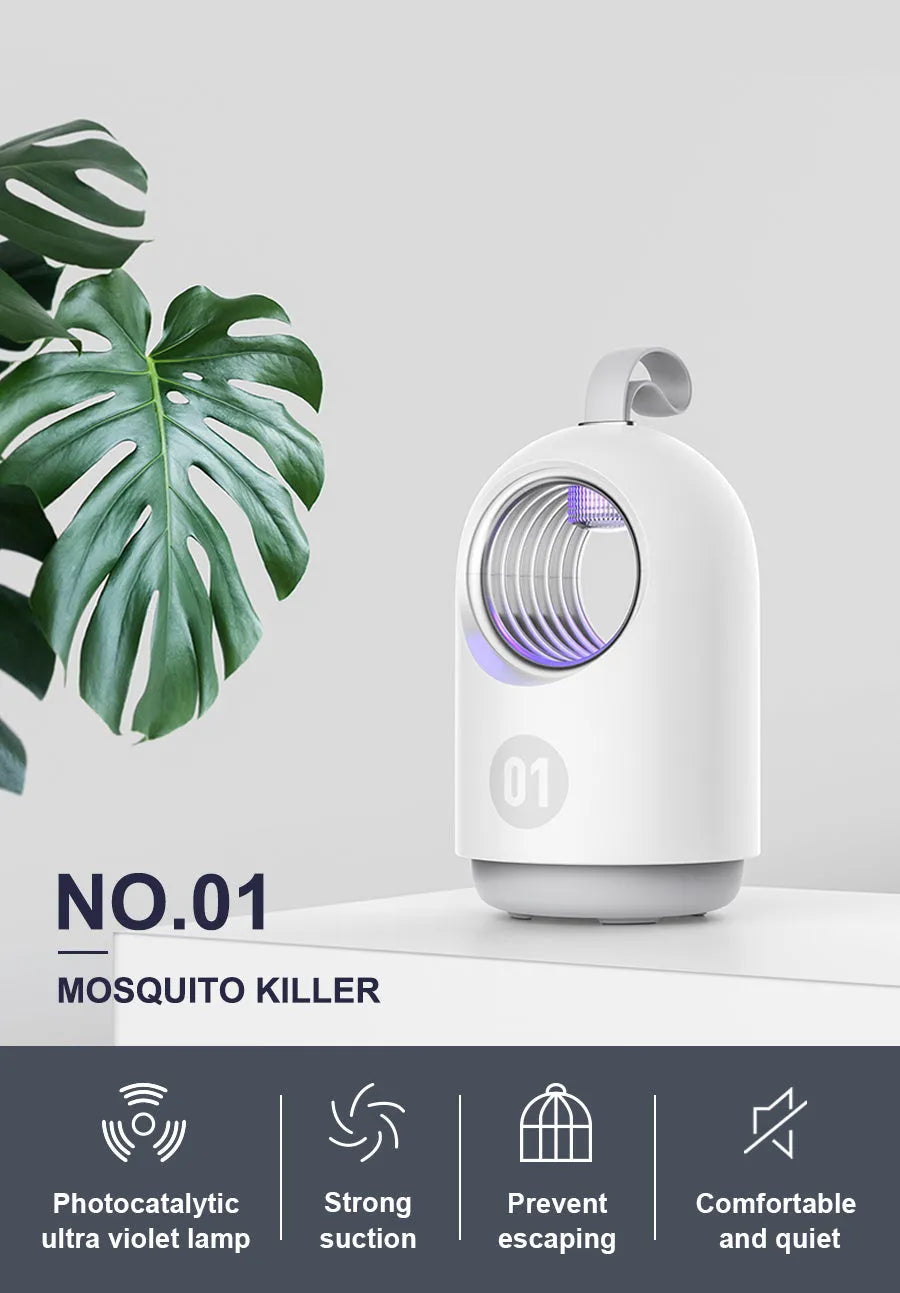 Blue and white portable USB mosquito killer lamp with silicone handle and UV light.