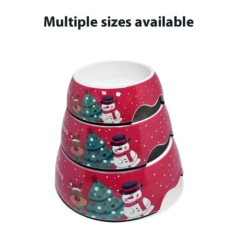 Red Christmas pet bowl with double layer insulated design showing stainless steel inner bowl
