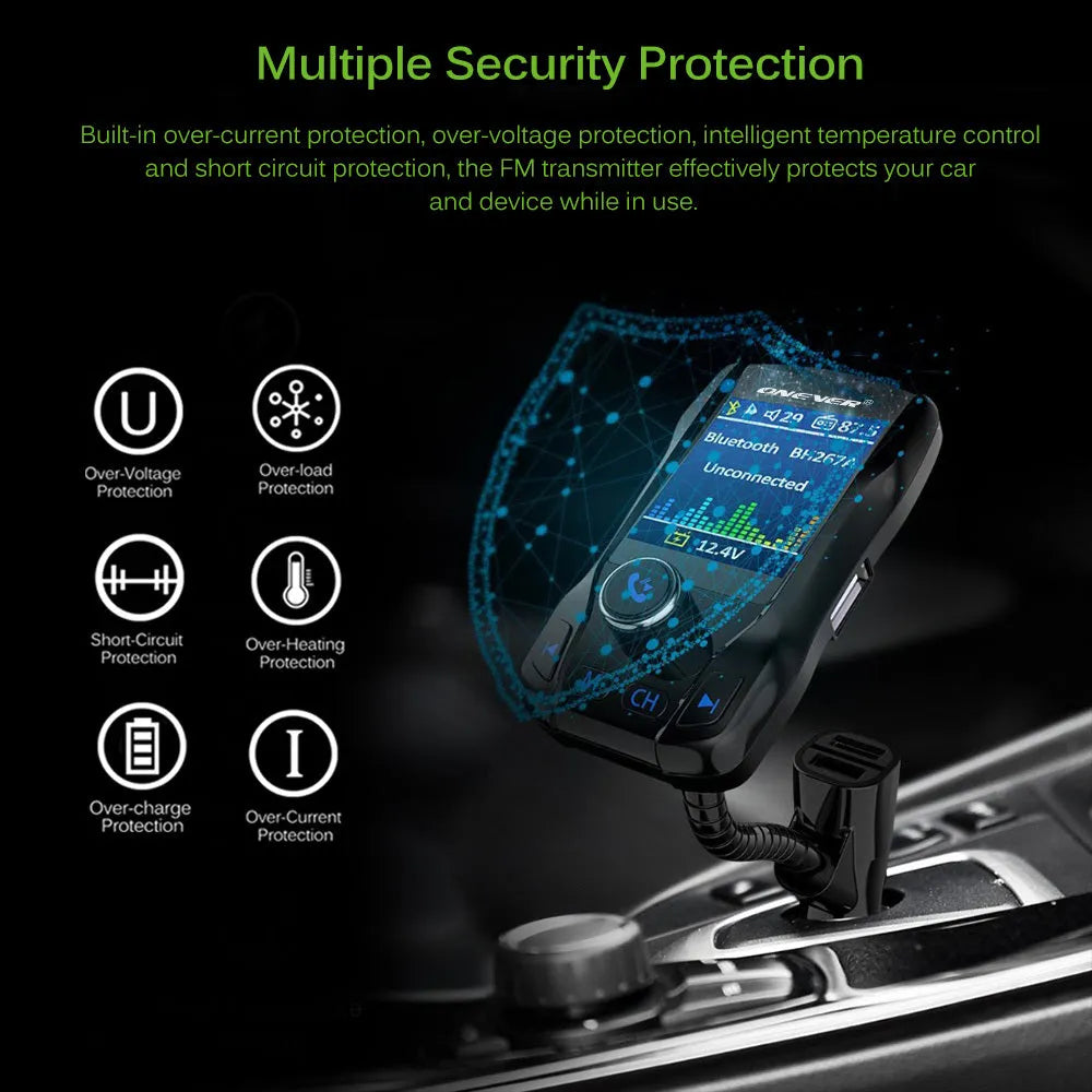 Black car Bluetooth FM transmitter with colour screen and dual USB ports plugged into a vehicle power socket.