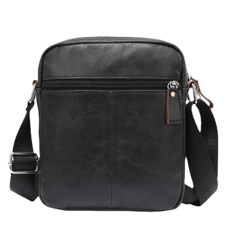 8 inch black shoulder messenger bag made from genuine cowhide leather with visible sewing lines