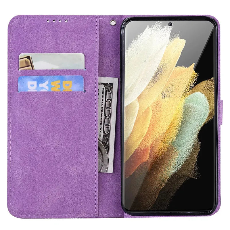 Retro big bowknot embossed leather phone case in purple with built-in bracket for iPhone and Samsung models