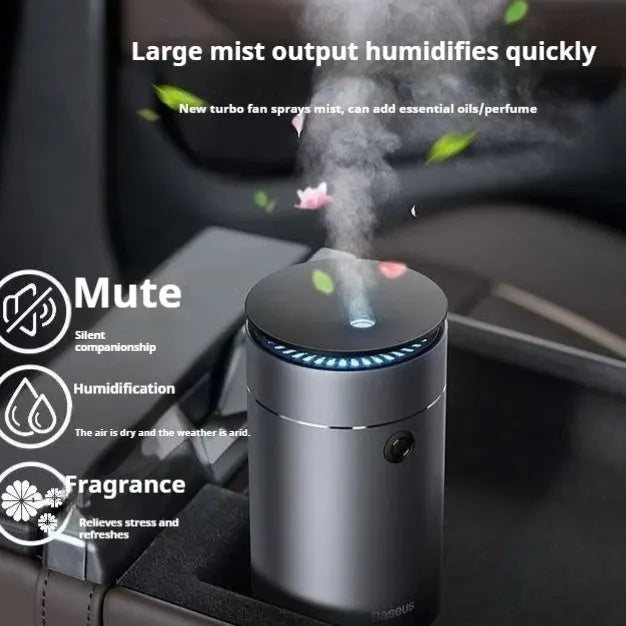Dark gray column-shaped mini USB aromatherapy humidifier with 0.5-1L tank and single fog export.