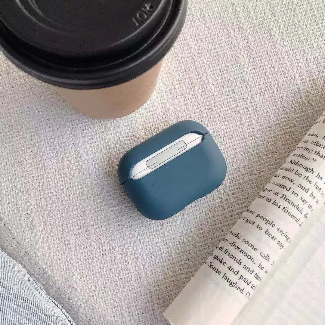 Plastic protective case for AirPods Pro in multiple colour options including light blue and grass green.