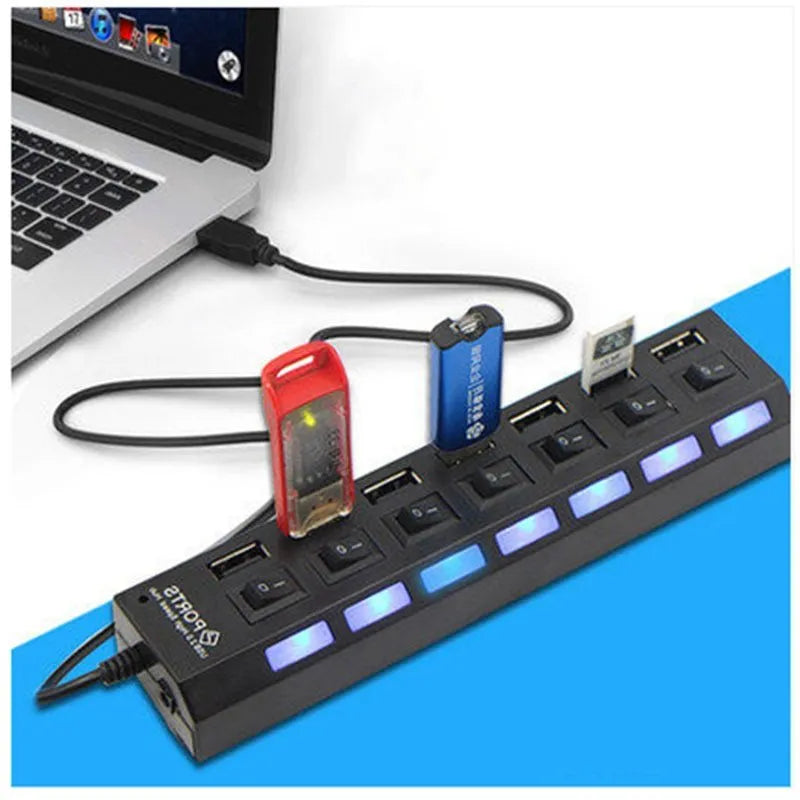 Black and white USB switch hub showing 4-port and 7-port configurations for notebook computer connectivity