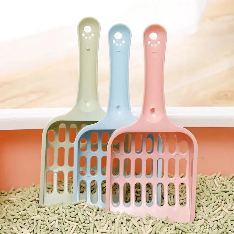 Plastic cat litter scoop in blue, green or pink colours showing 20cm length and litter sifting design