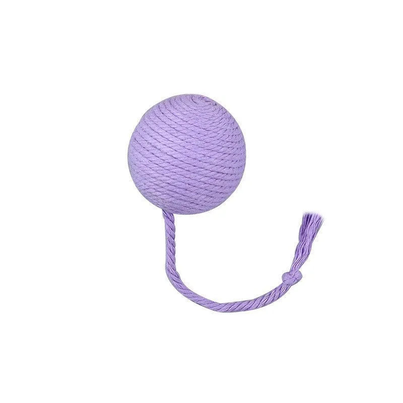 Cat toy ball with attached rope in green, pink, purple or yellow colours showing 3cm and 6cm size options