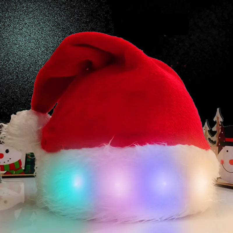 Red and white LED Christmas Santa hat with pom-pom and multi-colour lights