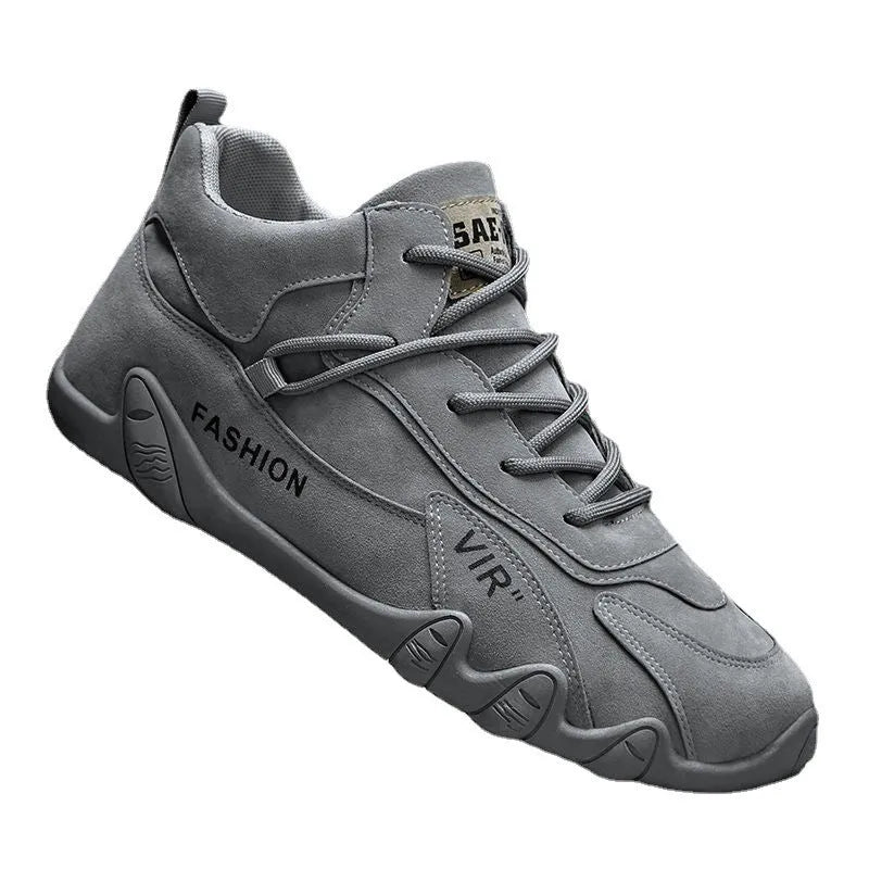 Men's grey low-top casual shoes with synthetic leather upper, round toe, and elastic band closure.