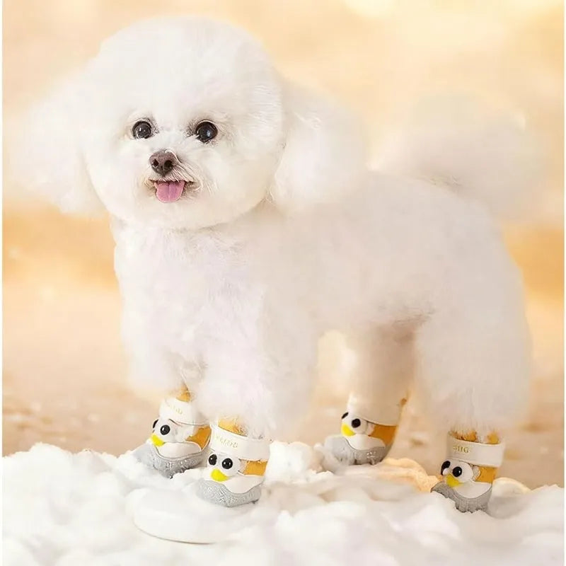Brown winter dog shoe with thick cotton upper and anti-slip rubber sole on snow