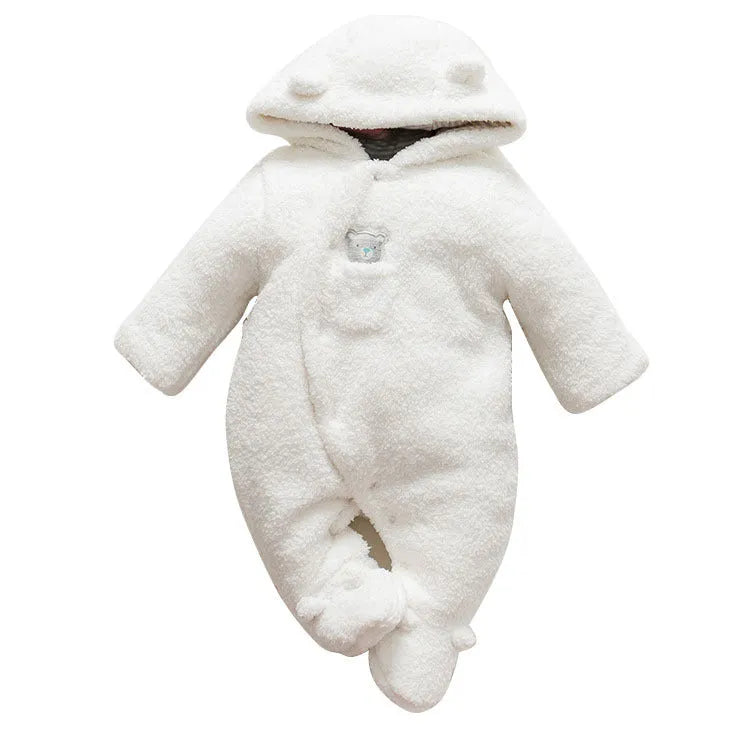 Baby wearing white cotton padded romper with lamb design and feet covers