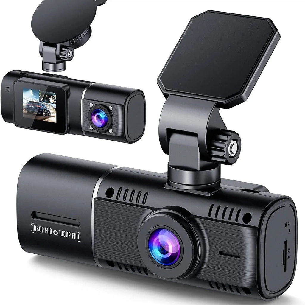 Black car dashcam on stand with 1.5-inch screen for front and rear recording.