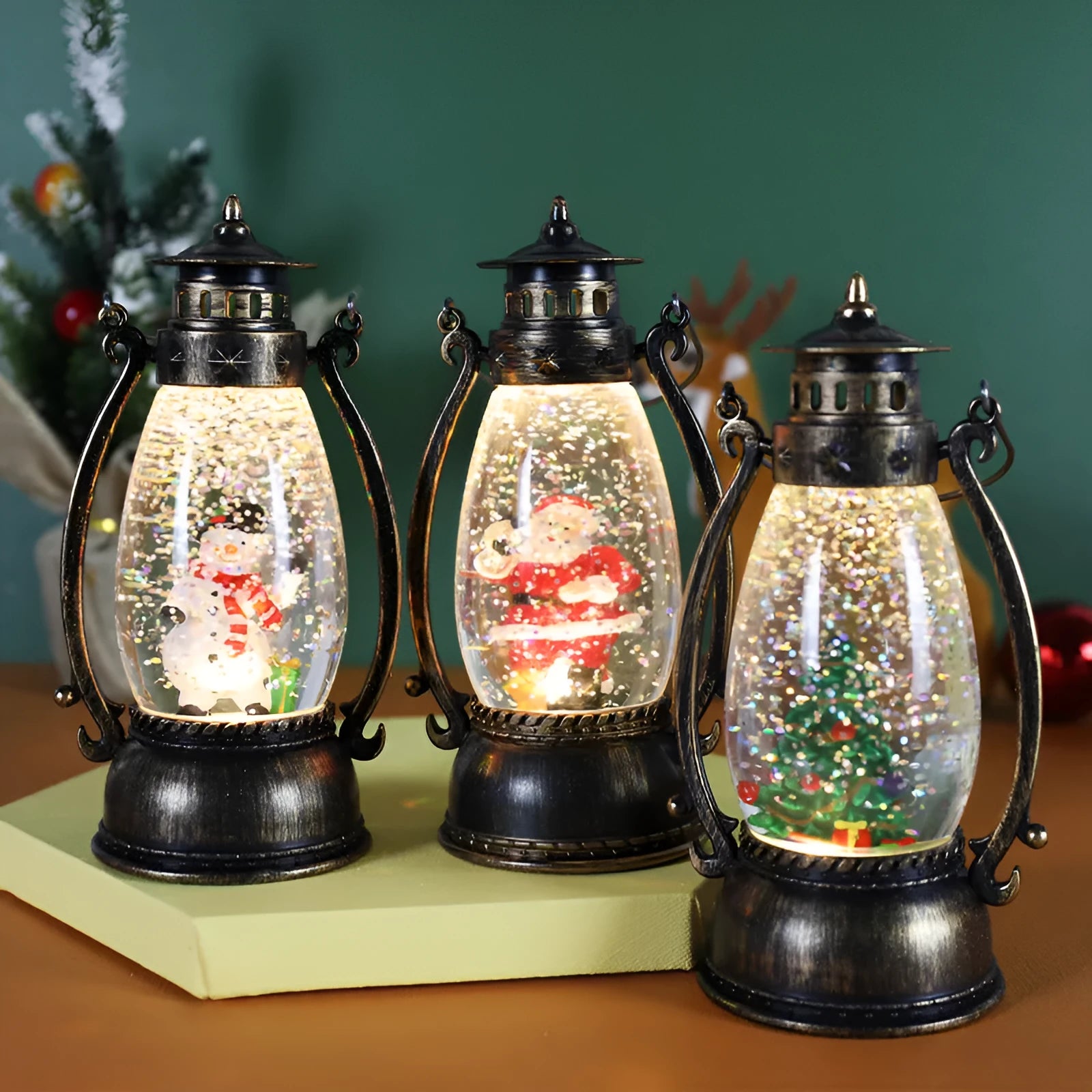 Crystal ball oil lamp Christmas ornament with light-emitting snowman scene on desktop