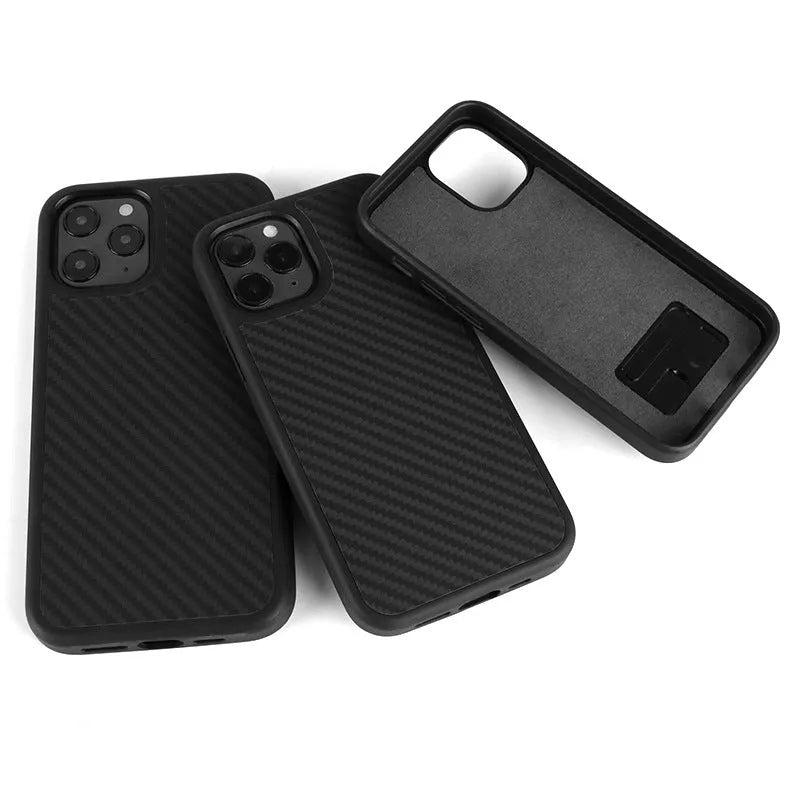 Simple solid-colour wooden phone case for iPhone showing TPU and Kevlar layered construction.