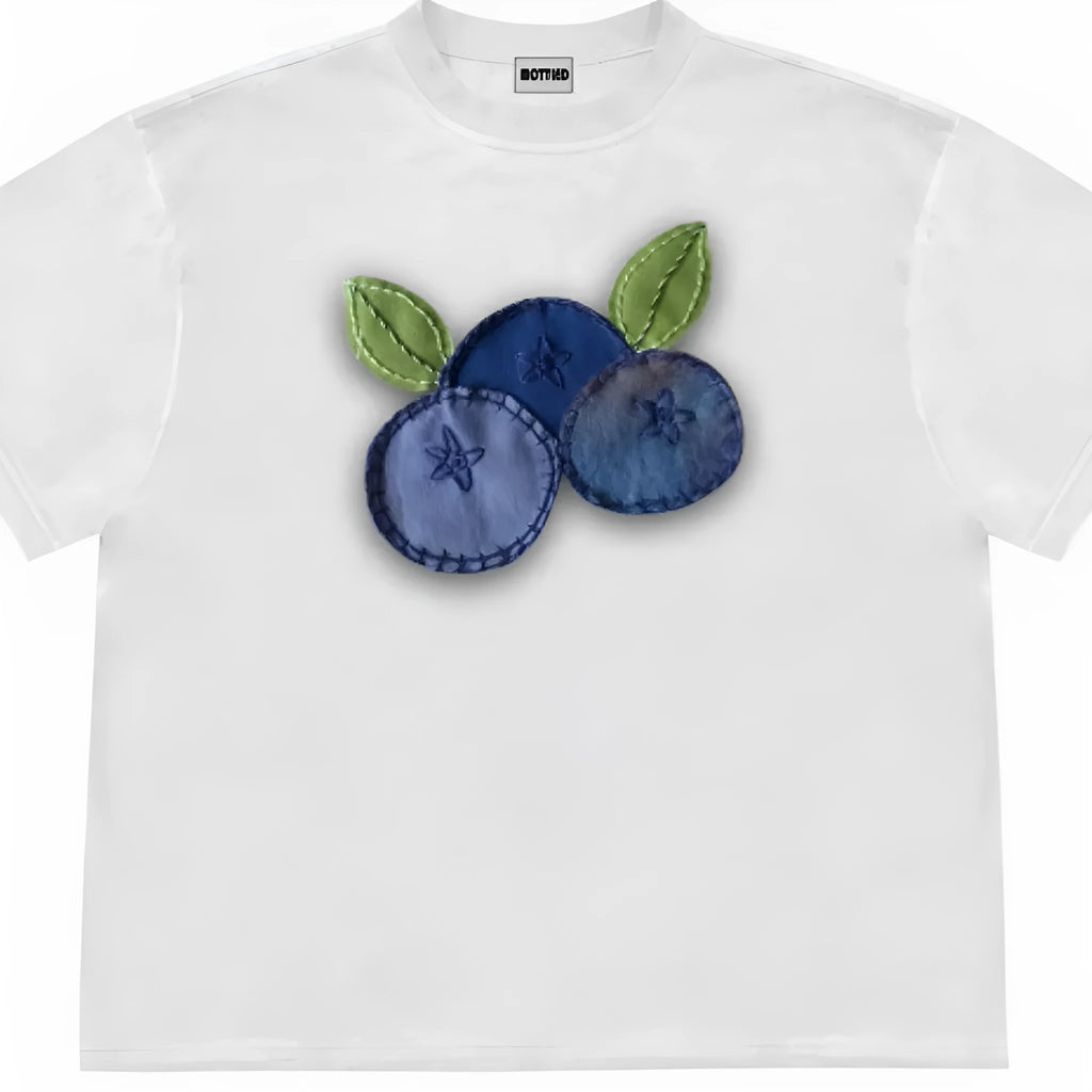 Loose fit blueberry patchwork T-shirt with plant pattern on Ice Oxygen Cotton fabric.