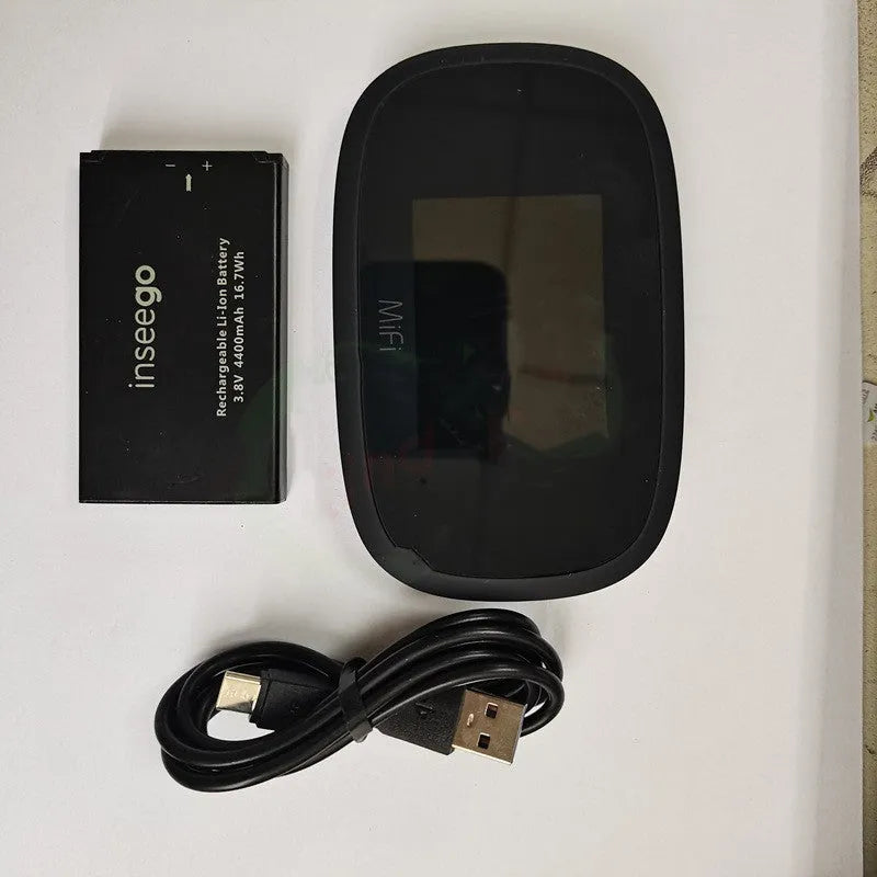 Black mifi8000 dual-core 4G portable wireless router with battery and data cable.