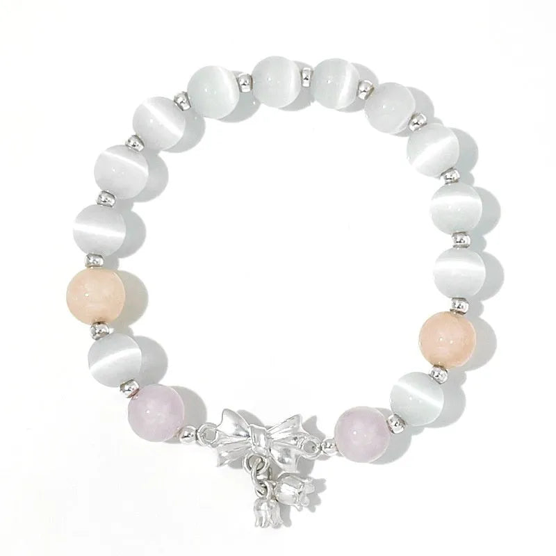 Lavender purple bowknot two-shihuan opal bracelet with 10mm electroplated crystal beads